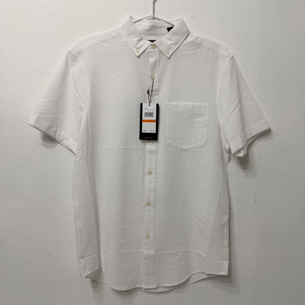 Perry Ellis Mens Short Sleeve Button Down Shirt White Seersucker Small